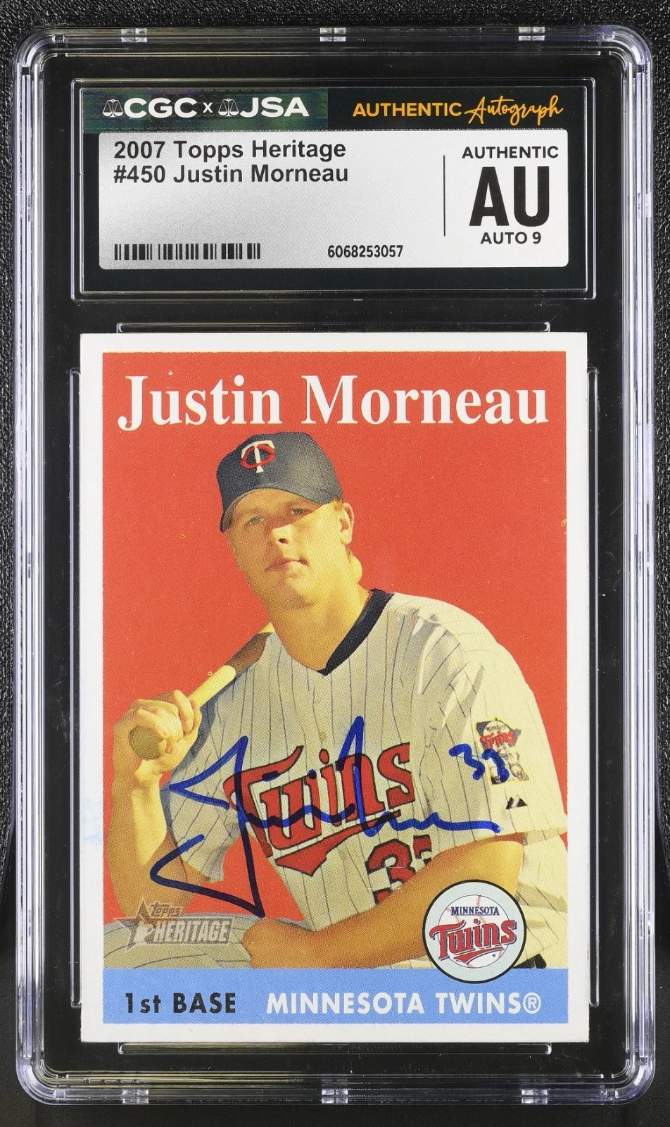 JUSTIN MORNEAU SIGNED 2007 TOPPS HERITAGE CARD #450 CGC AU JSA 9 AUTO