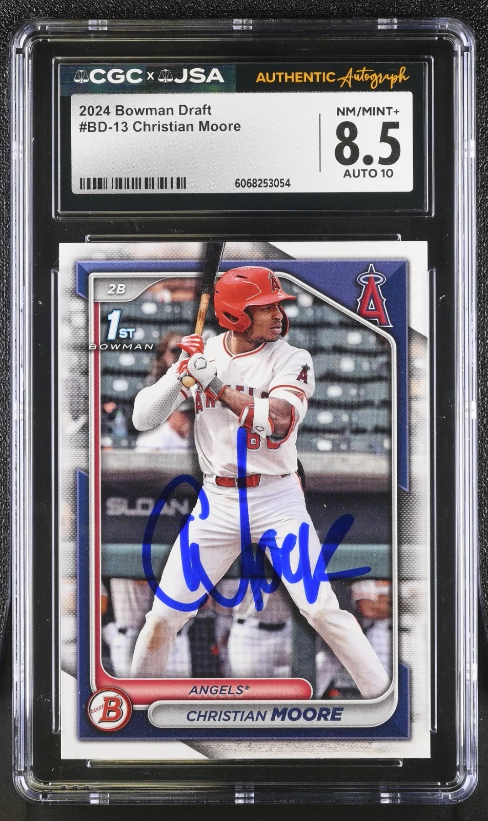 CHRISTIAN MOORE SIGNED 2024 BOWMAN DRAFT ROOKIE CARD #BD-13 CGC 8.5 JSA 10 AUTO