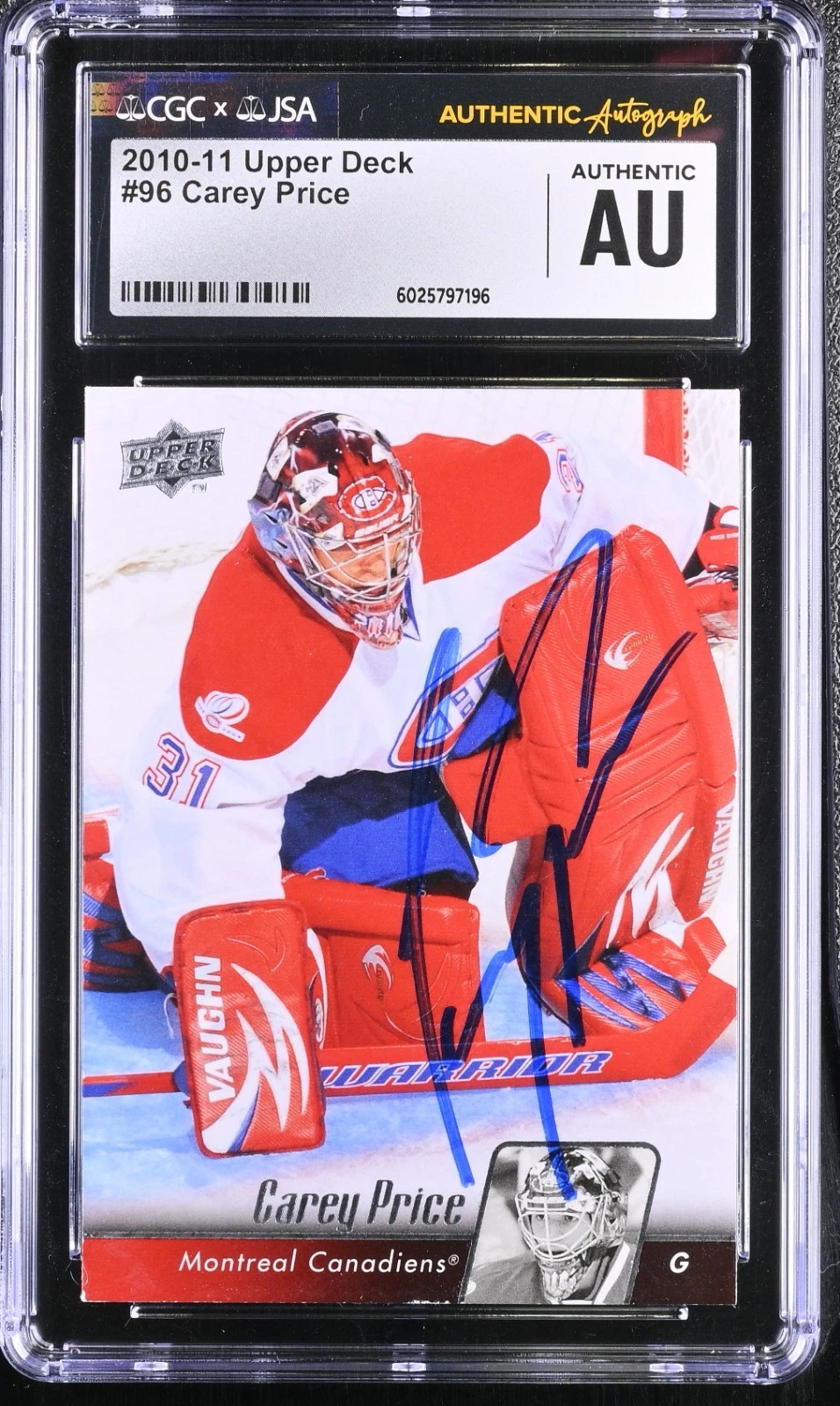 CAREY PRICE SIGNED 2010-11 UPPER DECK CARD #96 CANADIENS CGC AU JSA AUTO
