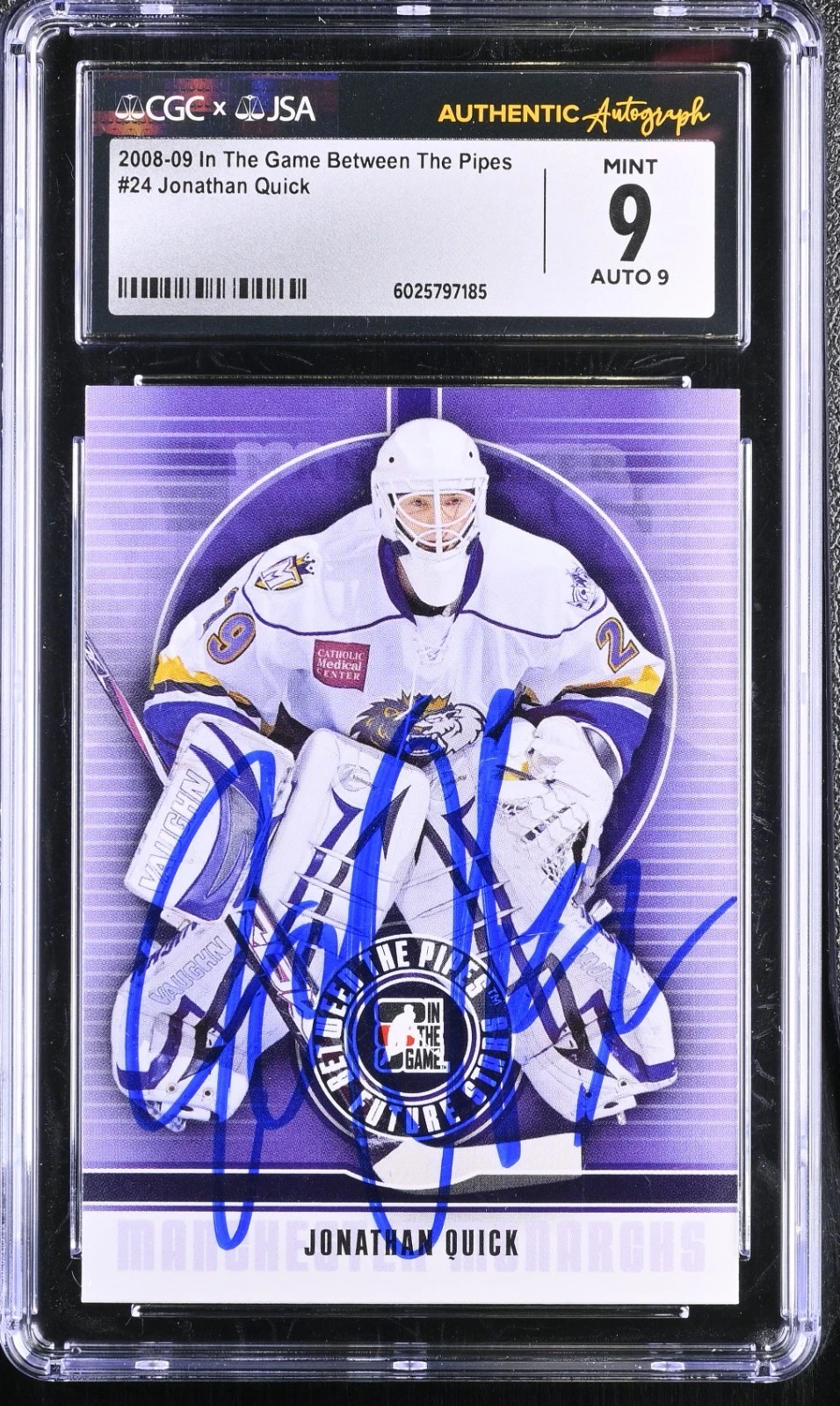 JONATHAN QUICK SIGNED 2008-09 IN THE GAME ITG BTP CARD #24 CGC 9 JSA 9 AUTO