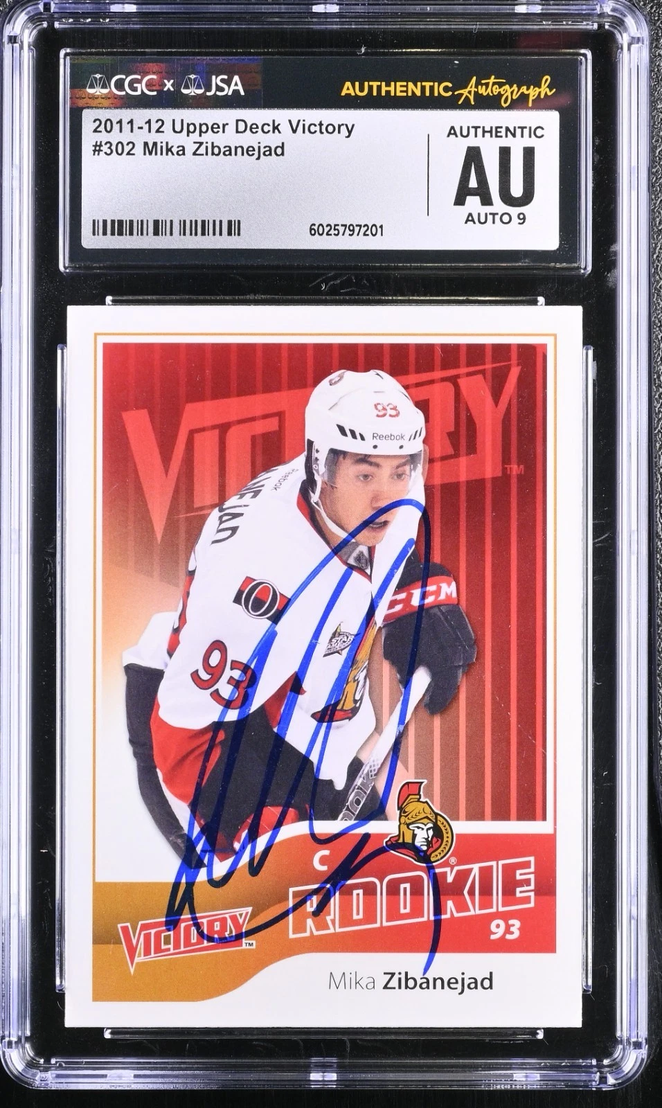 MIKA ZIBANEJAD SIGNED 2011-12 UPPER DECK VICTORY CARD #302 CGC AU JSA 9 AUTO