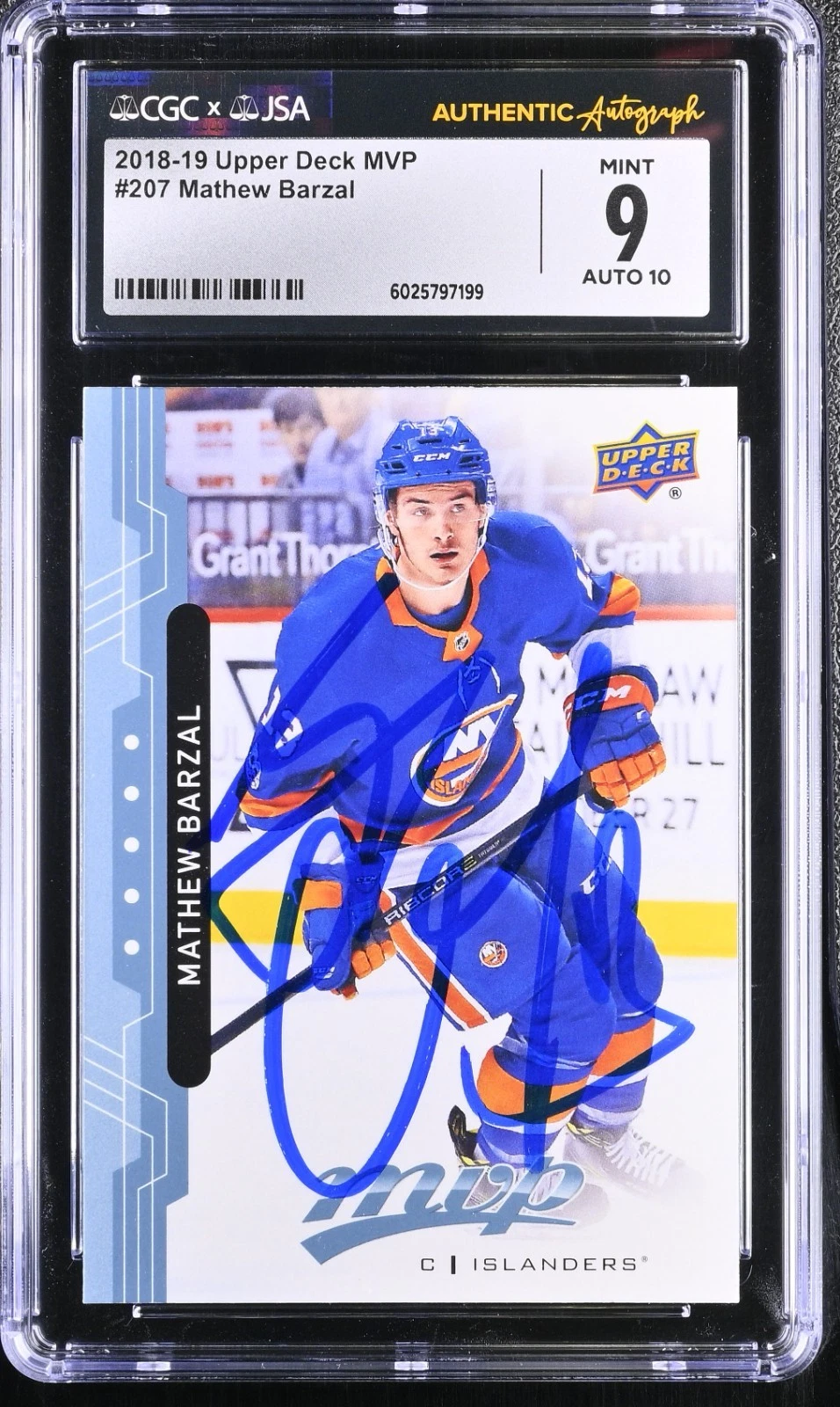 MATHEW BARZAL SIGNED 2018-19 UPPER DECK MVP CARD #207 CGC 9 JSA 10 AUTO