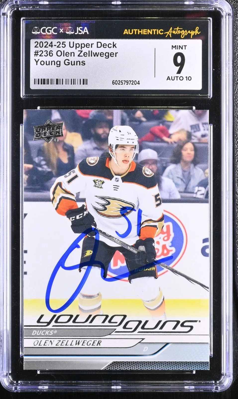 OLEN ZELLWEGER SIGNED 2024-25 UPPER DECK YOUNG GUNS CARD #236 CGC 9 JSA 10 AUTO