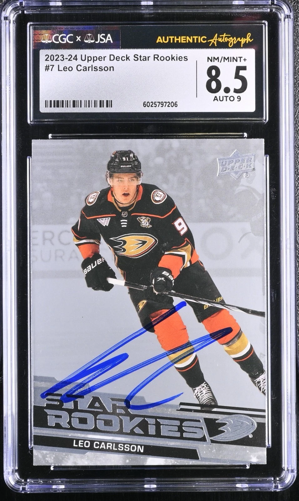 LEO CARLSSON SIGNED 2023-24 UPPER DECK STAR ROOKIE CARD #7 CGC 8.5 JSA 9 AUTO