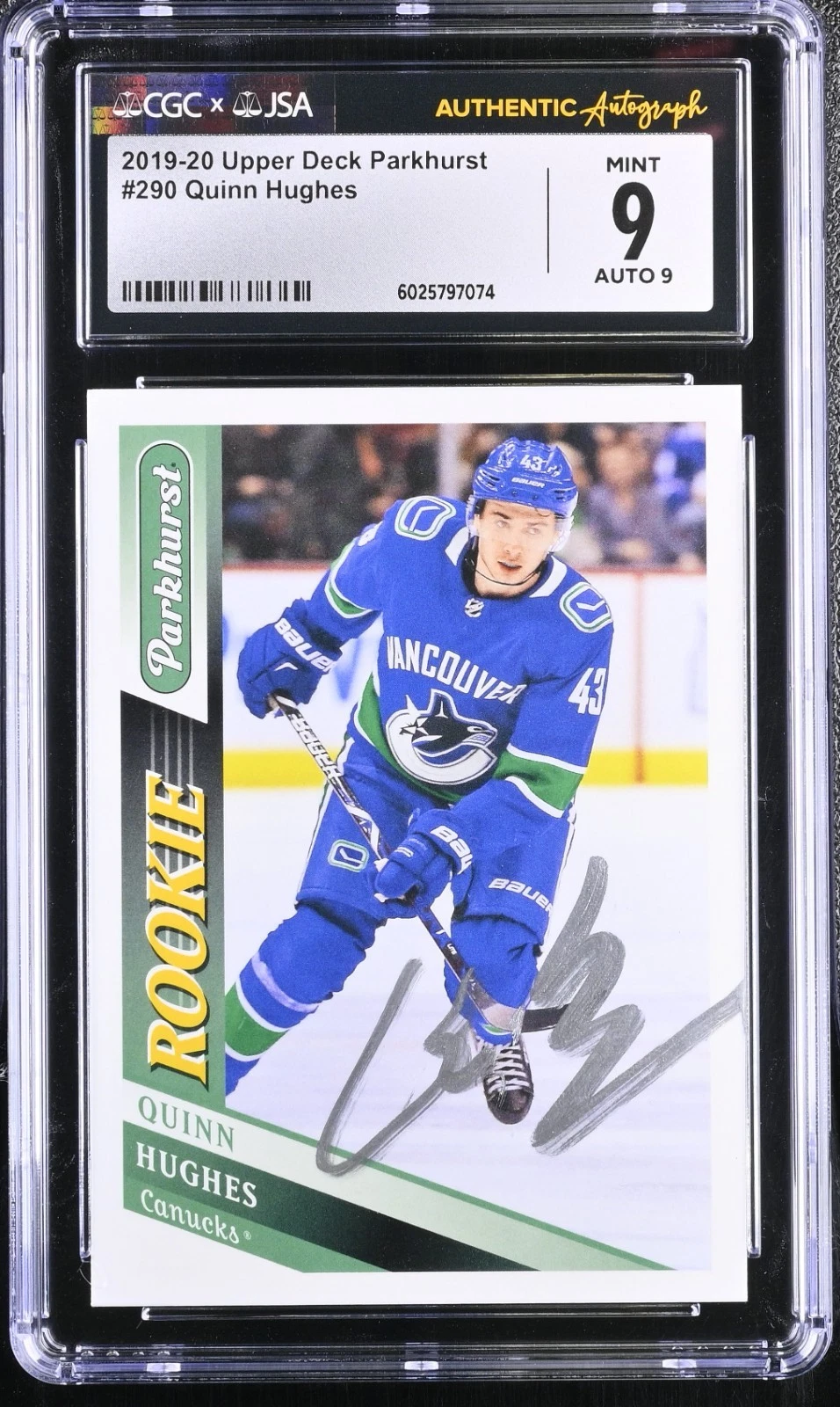 QUINN HUGHES SIGNED 2019-20 UPPER DECK PARKHURST CARD #290 CGC 9 JSA 9 AUTO