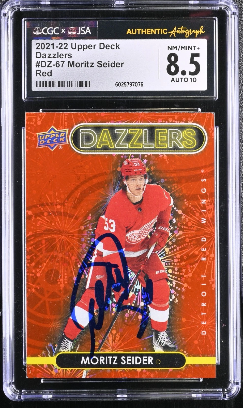 MORITZ SEIDER SIGNED 2021-22 UPPER DECK DAZZLERS CARD #DZ-67 CGC 8.5 JSA 10 AUTO