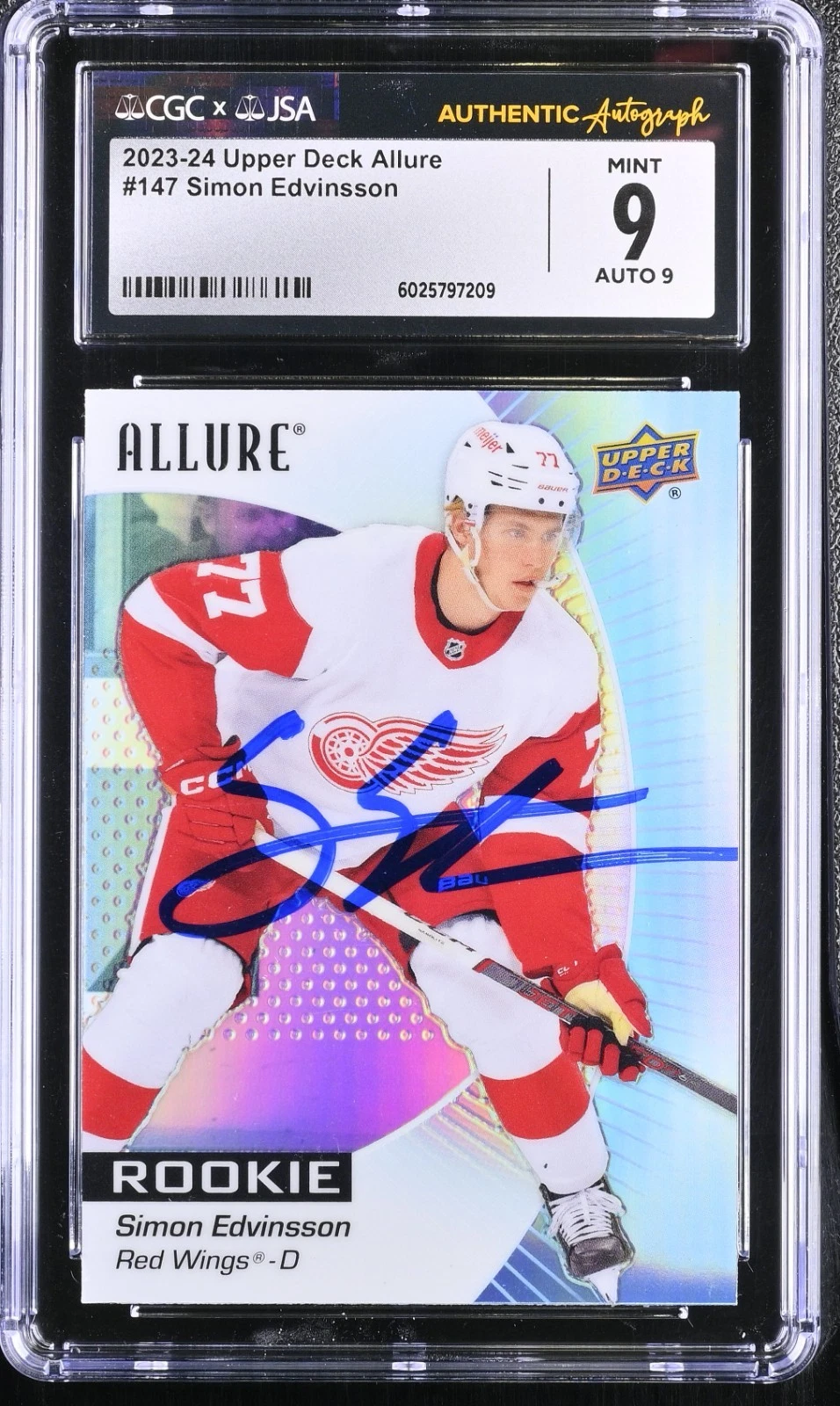 SIMON EDVINSSON SIGNED 2023-24 UPPER DECK ALLURE CARD 147 CGC 9 JSA 9 AUTO
