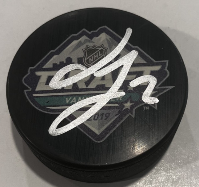 JACKSON LACOMBE SIGNED ANAHEIM DUCKS 2019 NHL DRAFT HOCKEY PUCK W/ CASE COA
