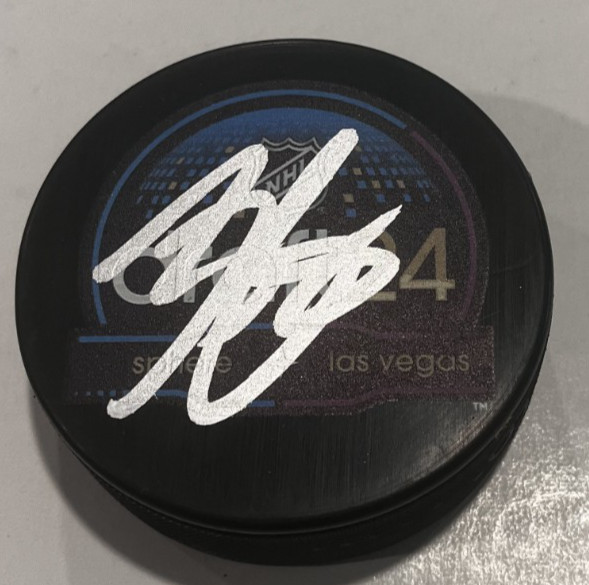 BECKETT SENNECKE SIGNED ANAHEIM DUCKS 2024 NHL DRAFT HOCKEY PUCK W/ CASE COA