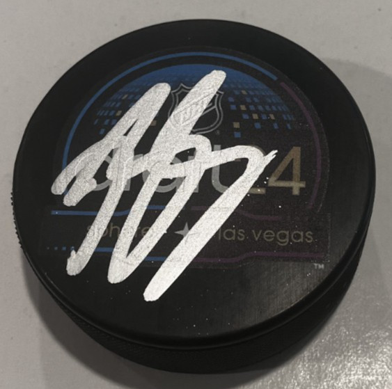 BECKETT SENNECKE SIGNED ANAHEIM DUCKS 2024 NHL DRAFT HOCKEY PUCK W/ CASE COA