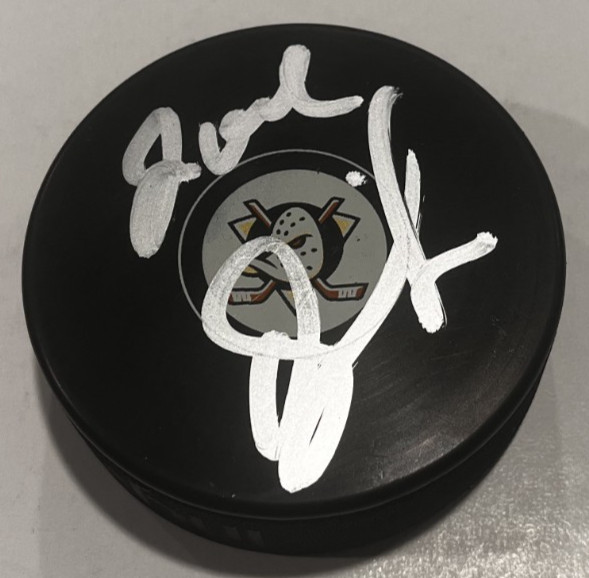 JOEL QUENNEVILLE SIGNED ANAHEIM DUCKS HOCKEY PUCK W/ CASE COA