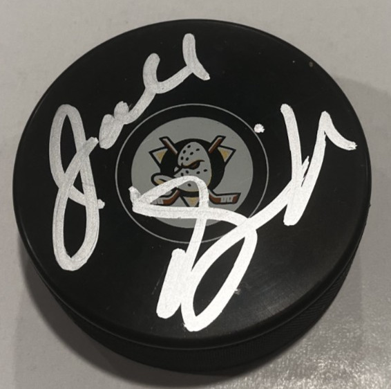 JOEL QUENNEVILLE SIGNED ANAHEIM DUCKS HOCKEY PUCK W/ CASE COA