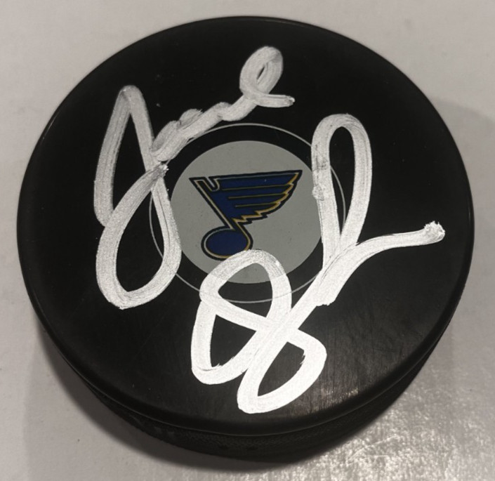 JOEL QUENNEVILLE SIGNED ST LOUIS BLUES HOCKEY PUCK W/ CASE COA