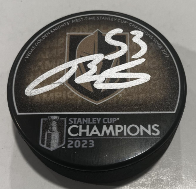 TEDDY BLUEGER SIGNED VEGAS GOLDEN KNIGHTS 2023 STANLEY CUP PUCK W/ CASE COA