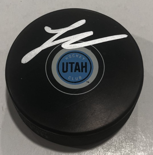 LOGAN COOLEY SIGNED UTAH MAMMOTH HOCKEY PUCK W/ CASE COA