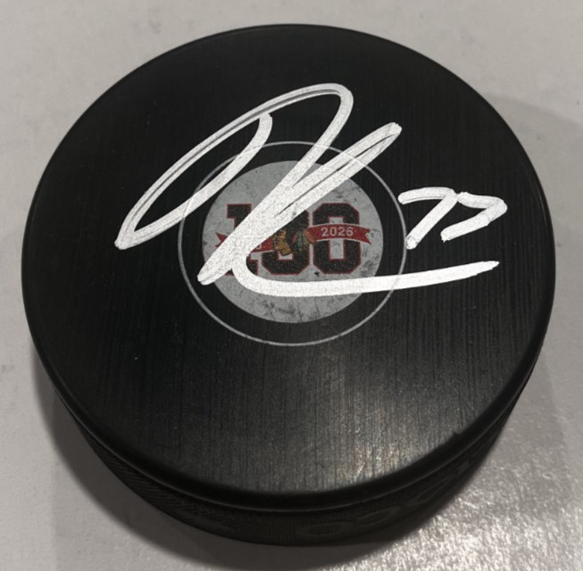 LUKAS REICHEL SIGNED CHICAGO BLACKHAWKS 100 YEARS HOCKEY PUCK W/ CASE COA