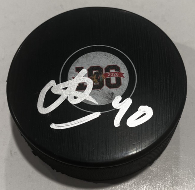 ARVID SODERBLOM SIGNED CHICAGO BLACKHAWKS 100 YEARS HOCKEY PUCK W/ CASE COA