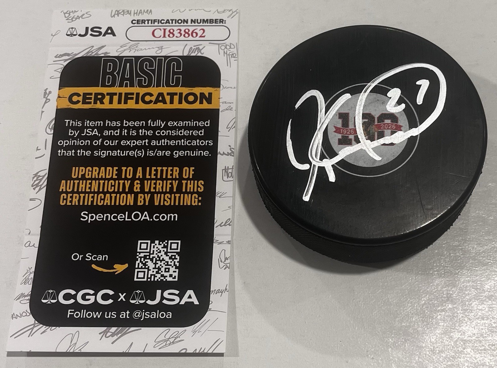 JEREMY ROENICK SIGNED CHICAGO BLACKHAWKS 100 YEARS HOCKEY PUCK W/ CASE JSA COA