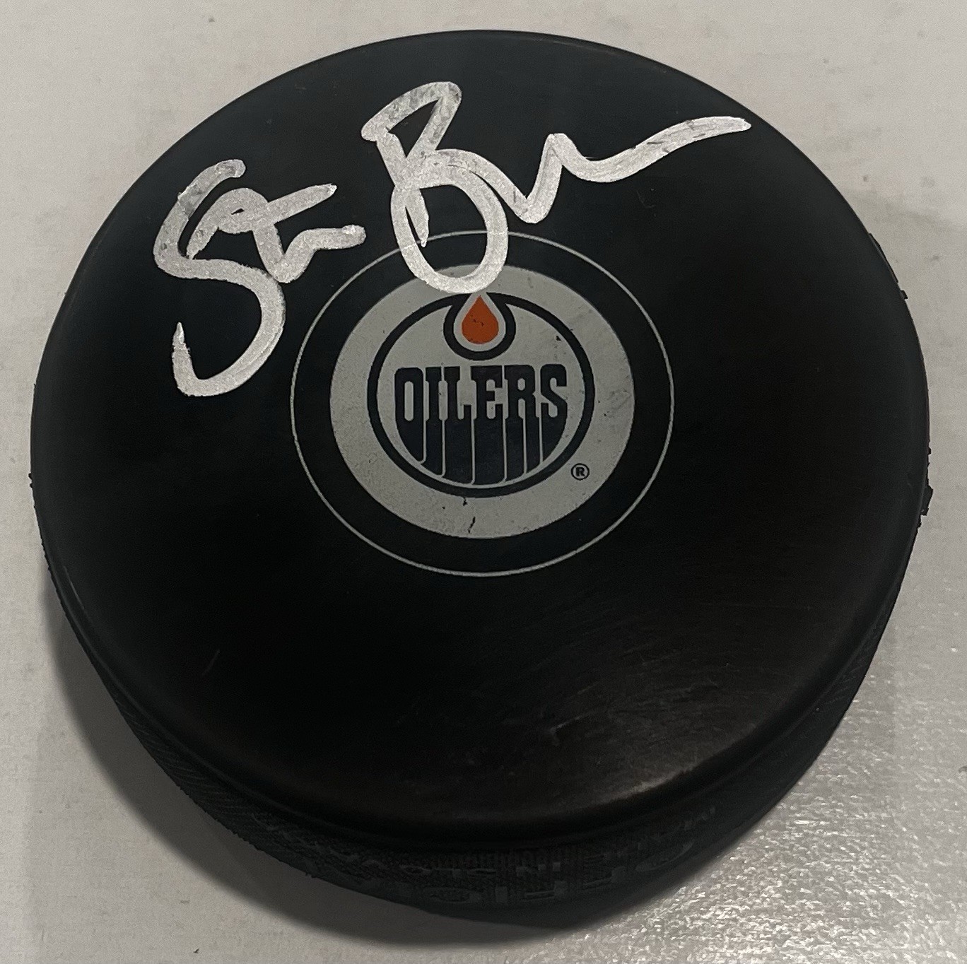 STAN BOWMAN SIGNED EDMONTON OILERS HOCKEY PUCK W/ CASE COA