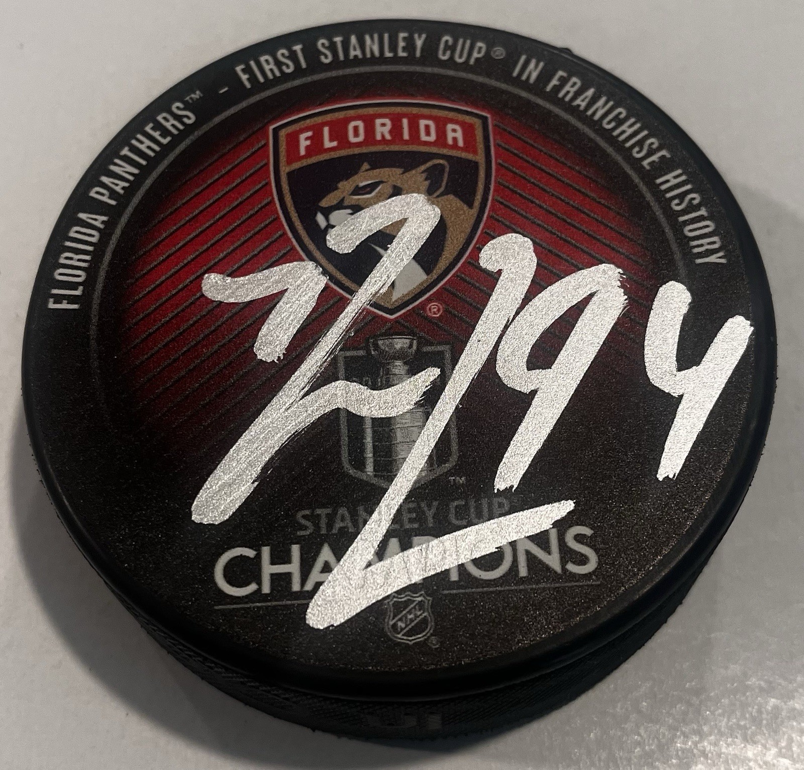 RYAN LOMBERG SIGNED FLORIDA PANTHERS 2024 STANLEY CUP HOCKEY PUCK W/ CASE COA