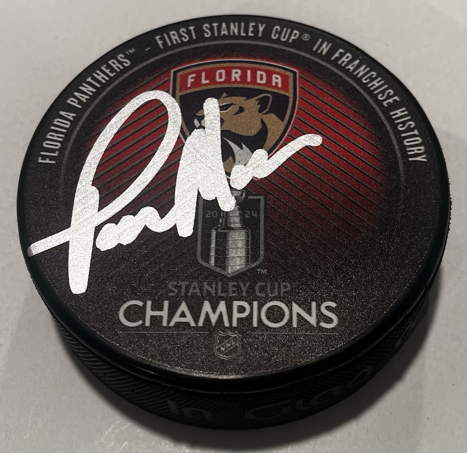 PAUL MAURICE SIGNED FLORIDA PANTHERS 2024 STANLEY CUP HOCKEY PUCK W/ CASE COA