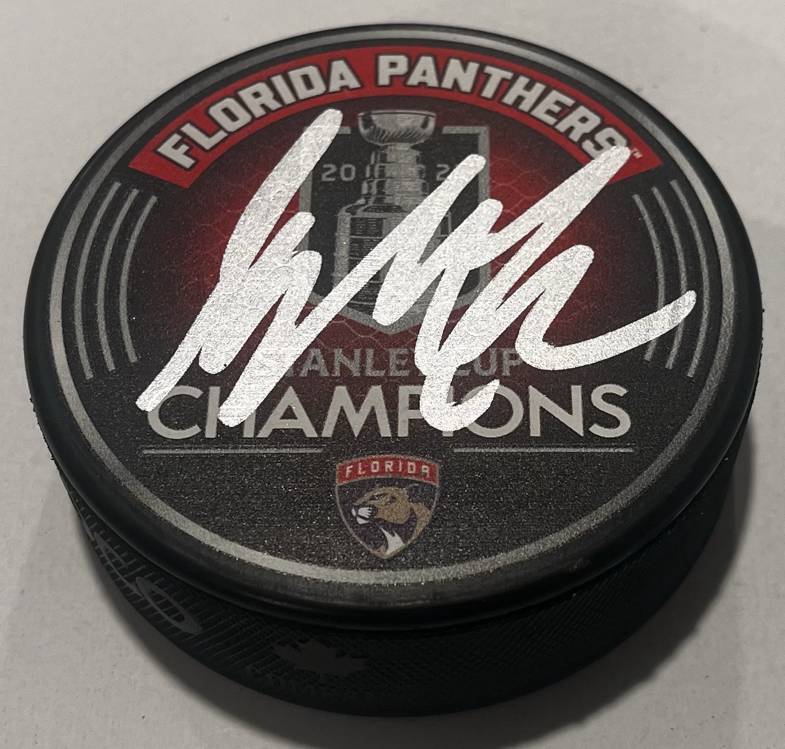 MYLES FEE SIGNED FLORIDA PANTHERS 2025 STANLEY CUP HOCKEY PUCK W/ CASE COA
