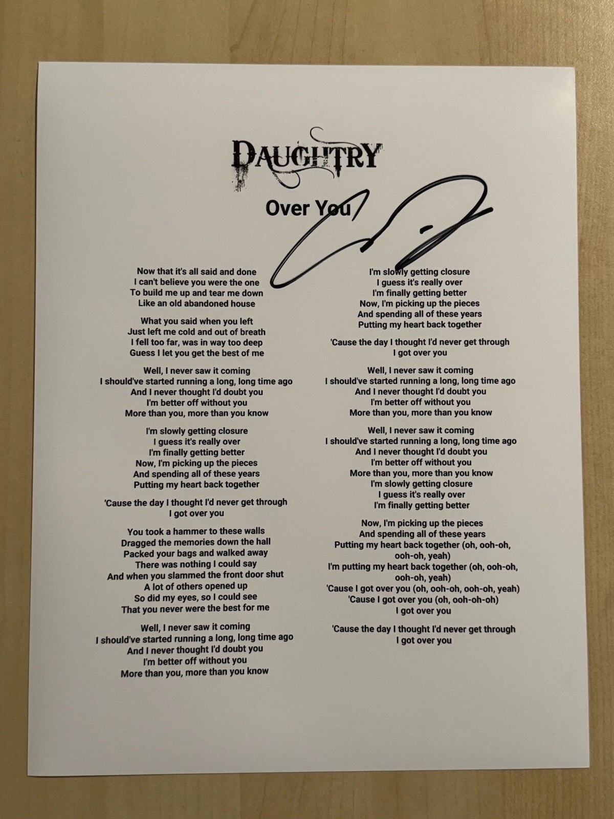 CHRIS DAUGHTRY HAND SIGNED LYRIC SHEET AUTOGRAPHED DAUGHTRY BAND SINGER COA