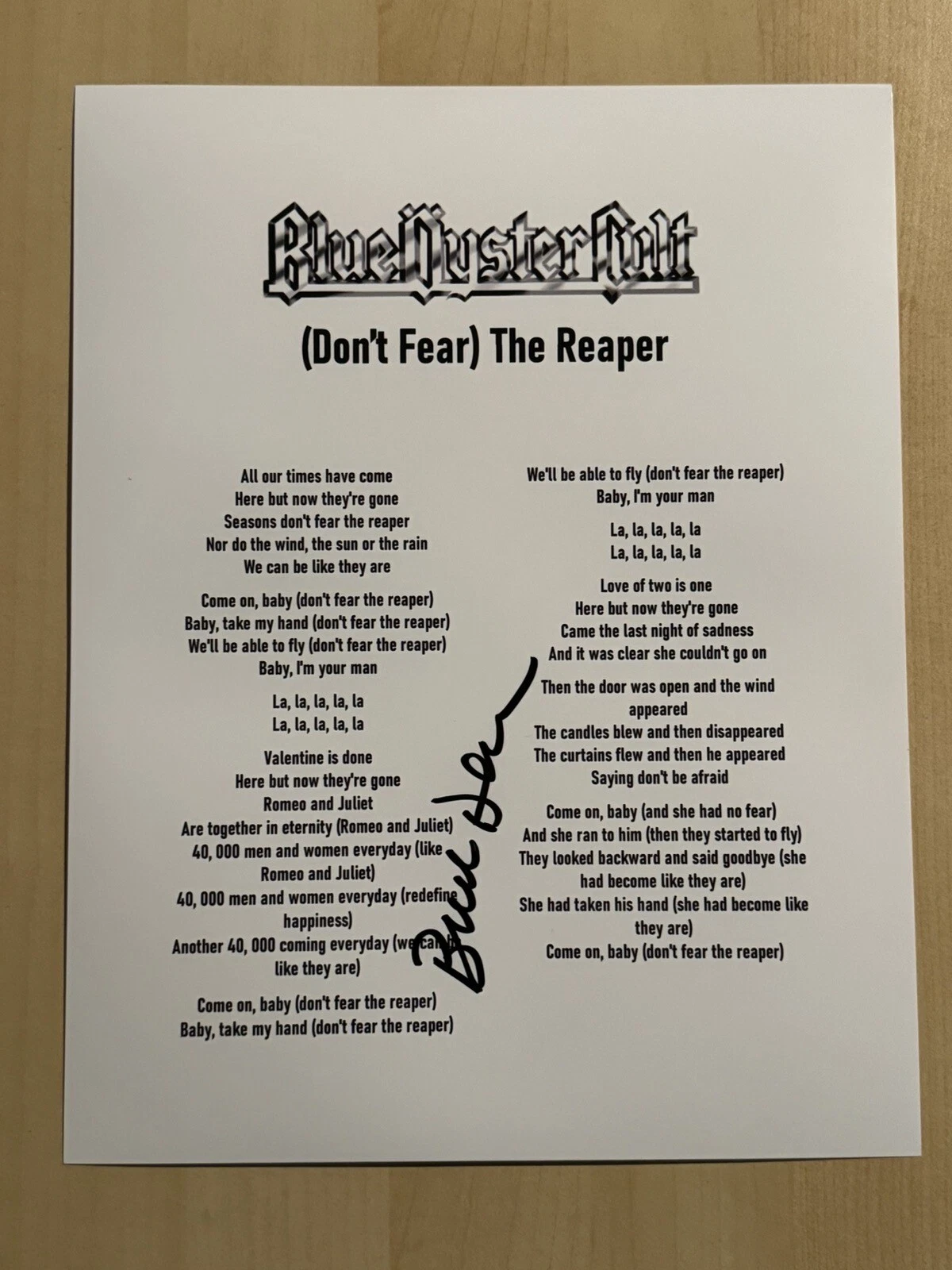 BUCK DHARMA HAND SIGNED LYRIC SHEET AUTOGRAPHED BLUE OYSTER CULT BAND SINGER COA