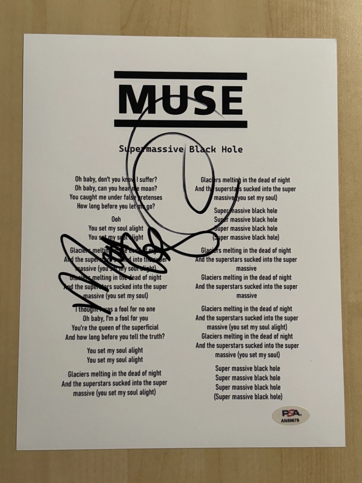 MATT BELLAMY MUSE BAND LEAD SINGER SIGNED LYRIC SHEET AUTOGRAPHED RARE PSA COA