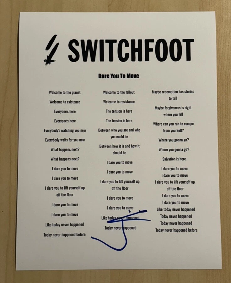 JON FOREMAN SWITCHFOOT BAND LEAD SINGER SIGNED LYRIC SHEET AUTOGRAPHED RARE COA