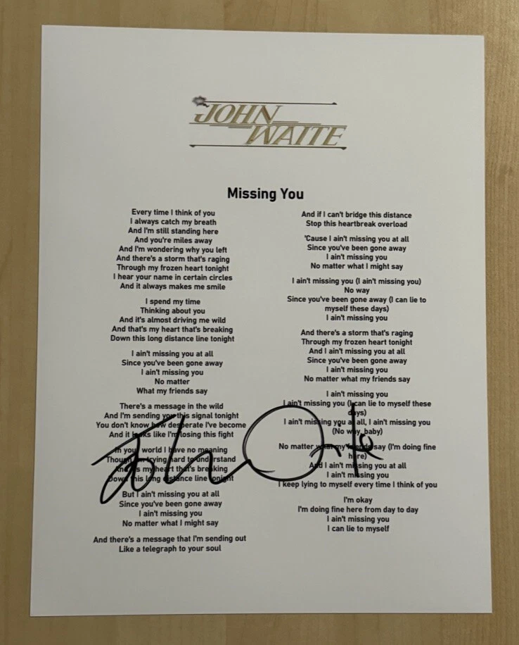 JOHN WAITE SIGNED LYRIC SHEET AUTOGRAPHED MISSING YOU SINGER RARE COA