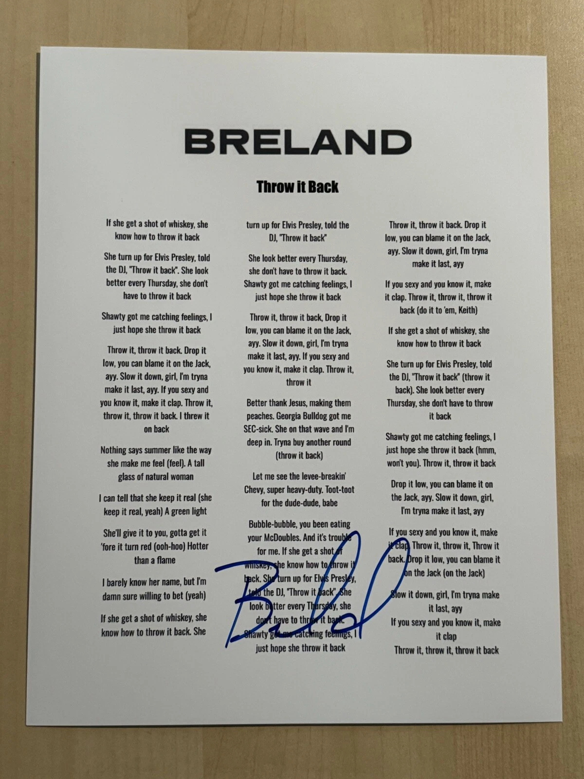 BRELAND SIGNED LYRIC SHEET AUTOGRAPHED NEW COUNTRY SINGER STAR RARE COA