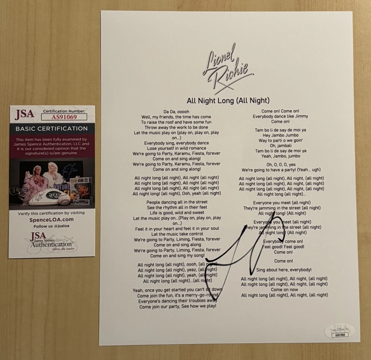 LIONEL RITCHIE SIGNED LYRIC SHEET AUTOGRAPHED ALL NIGHT LONG SINGER RARE JSA COA