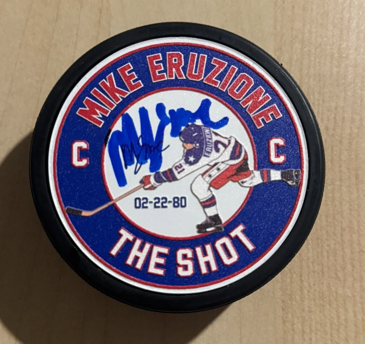 MIKE ERUZIONE SIGNED PUCK USA OLYMPICS HOCKEY AUTOGRAPHED MIRACLE ON ICE COA