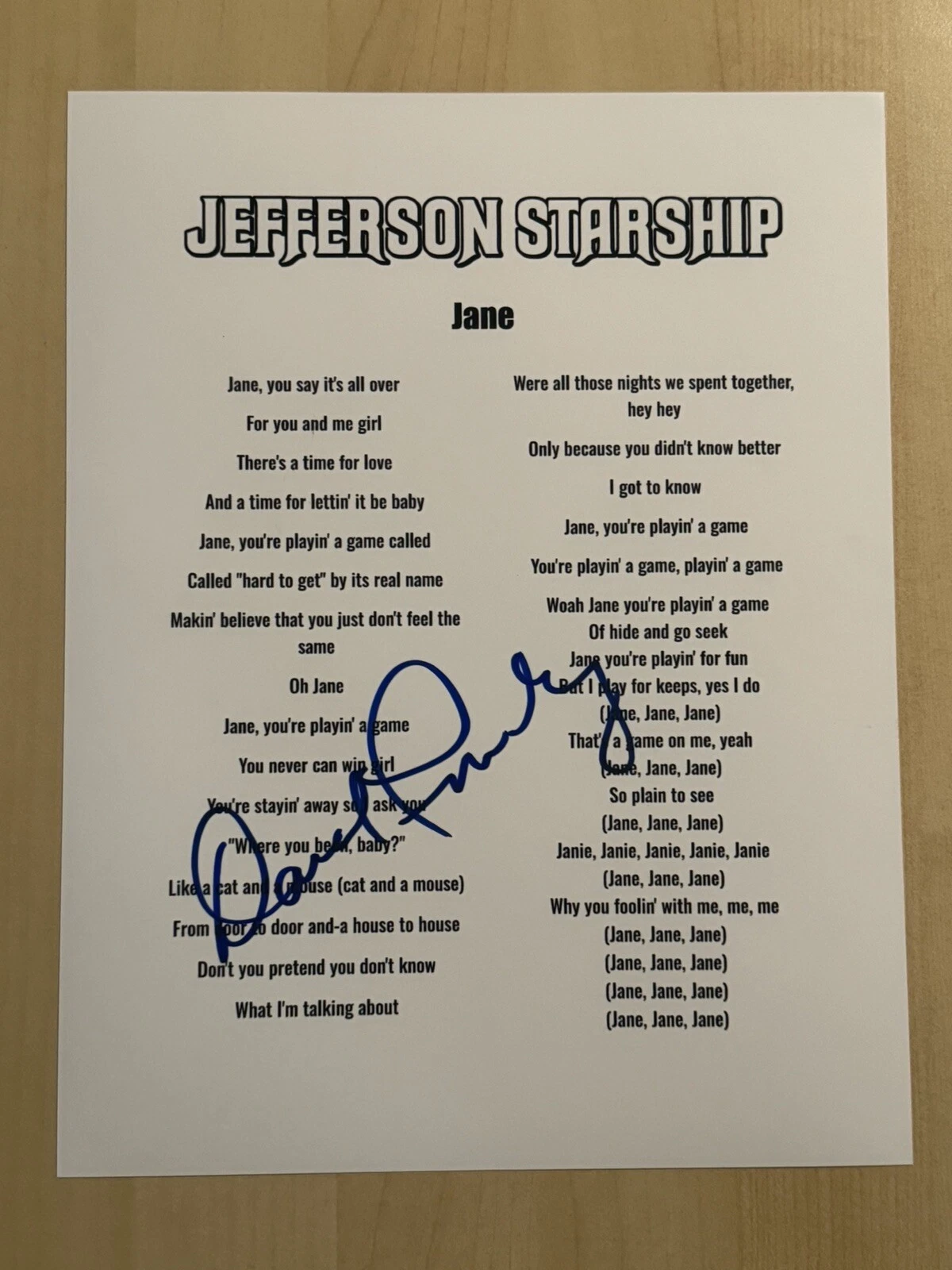 DAVID FREIBERG SIGNED JANE LYRIC SHEET AUTOGRAPHED JEFFERSON STARSHIP RARE COA