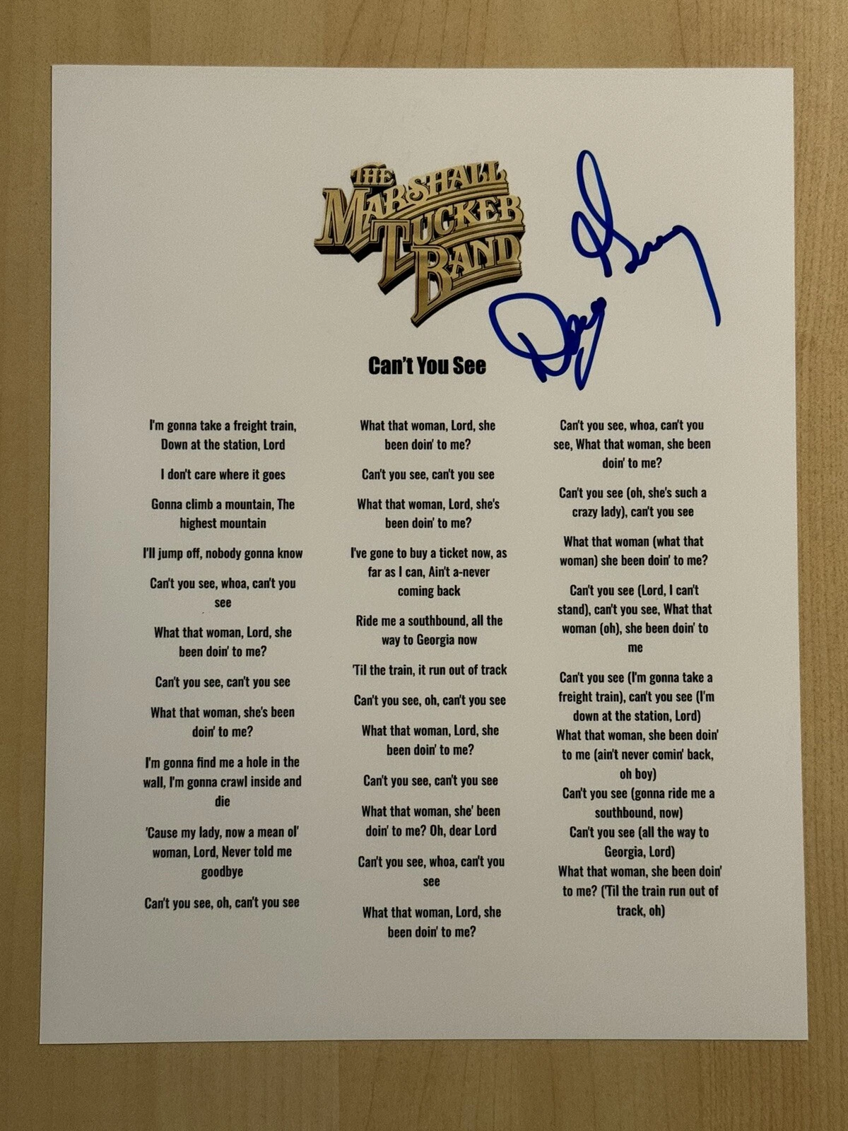 DOUG GRAY SIGNED LYRIC SHEET AUTOGRAPHED THE MARSHALL TUCKER BAND SINGER COA