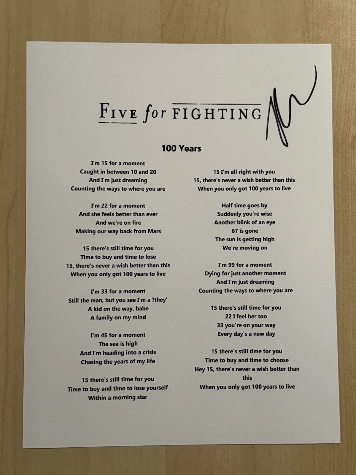 FIVE FOR FIGHTING SIGNED LYRIC SHEET AUTOGRAPHED SINGER RARE JOHN ONDRASIK COA