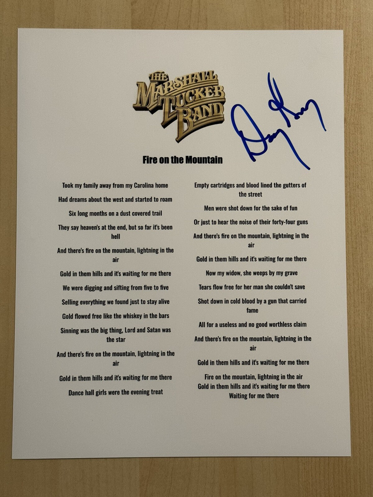 DOUG GRAY SIGNED LYRIC SHEET AUTOGRAPHED THE MARSHALL TUCKER BAND SINGER COA