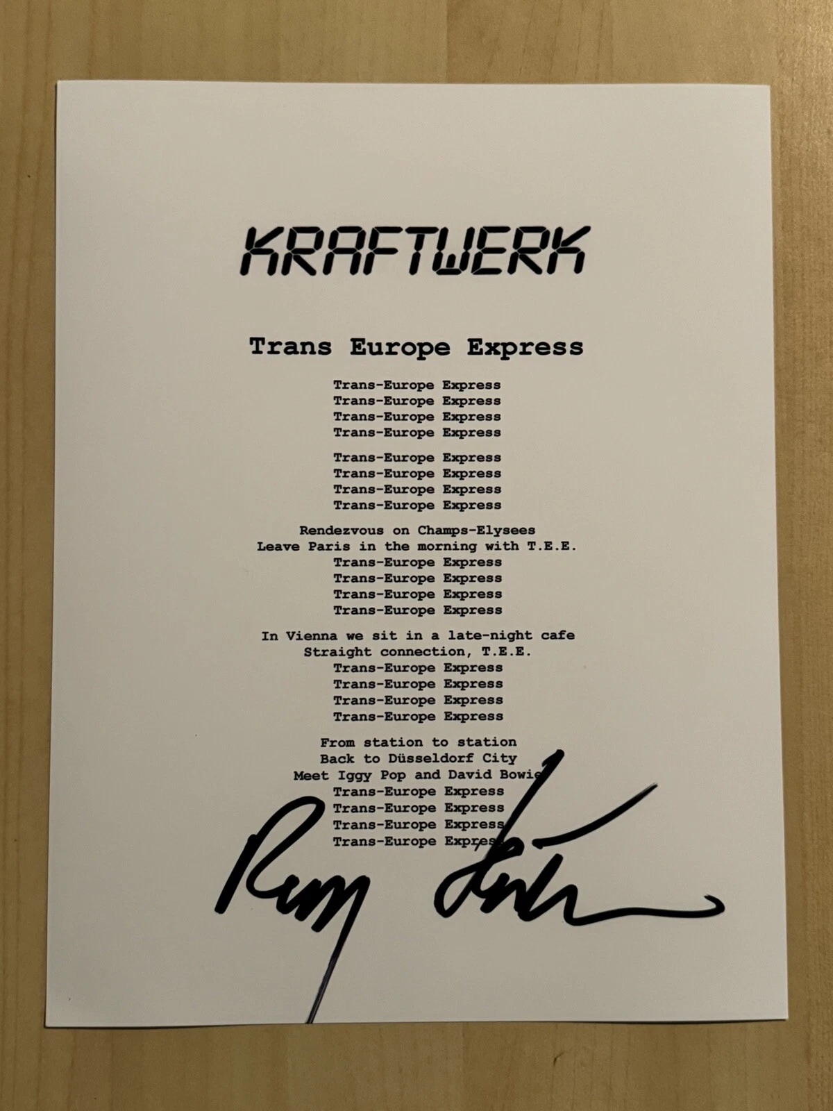 RALF HUTTER SIGNED LYRIC SHEET AUTOGRAPHED KRAFTWERK FOUNDER RARE COA