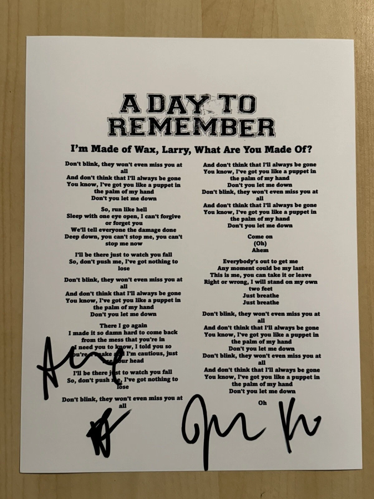 A DAY TO REMEMBER BAND SIGNED LYRIC SHEET AUTOGRAPHED JEREMY MCKINNON RARE COA