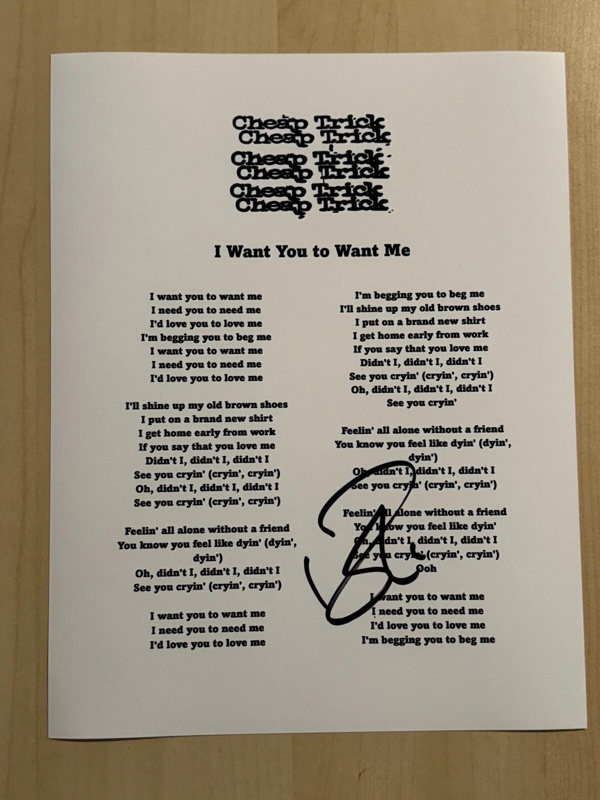 ROBIN ZANDER SIGNED LYRIC SHEET AUTOGRAPHED CHEAP TRICK BAND LEAD SINGER COA