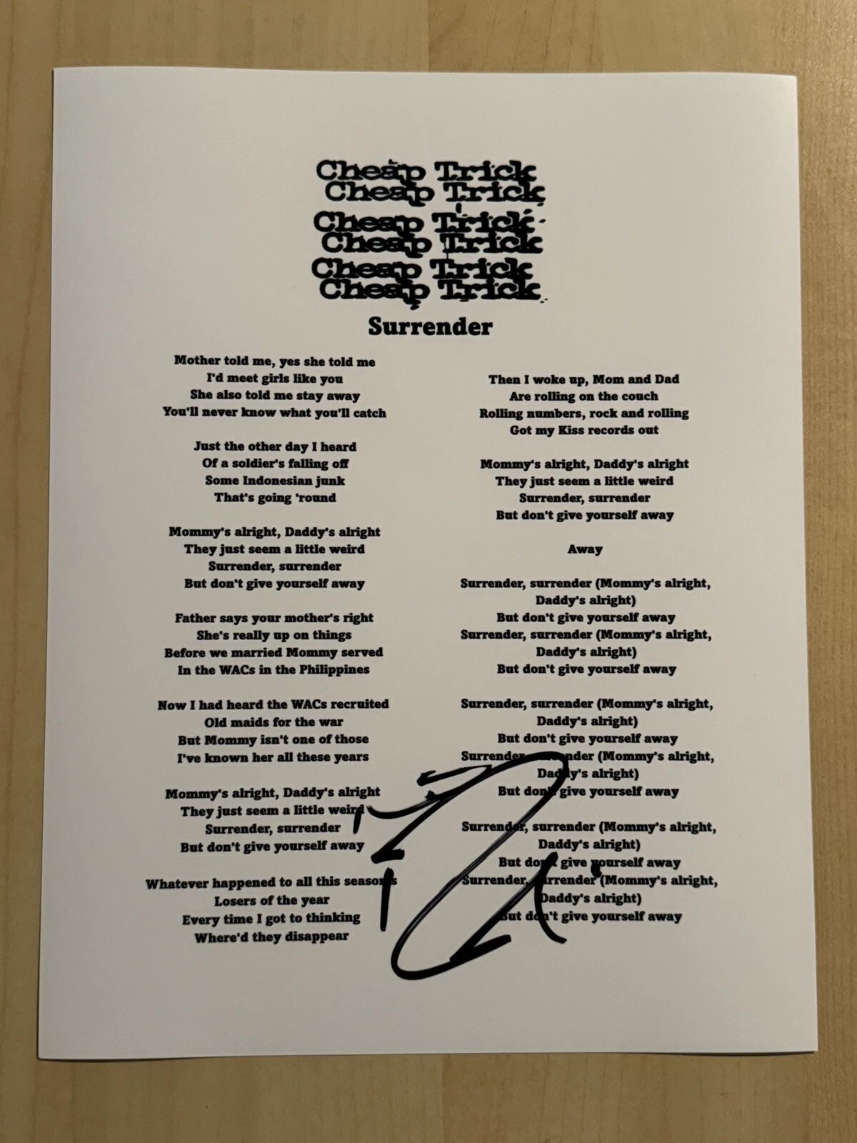 ROBIN ZANDER SIGNED LYRIC SHEET AUTOGRAPHED CHEAP TRICK BAND LEAD SINGER COA