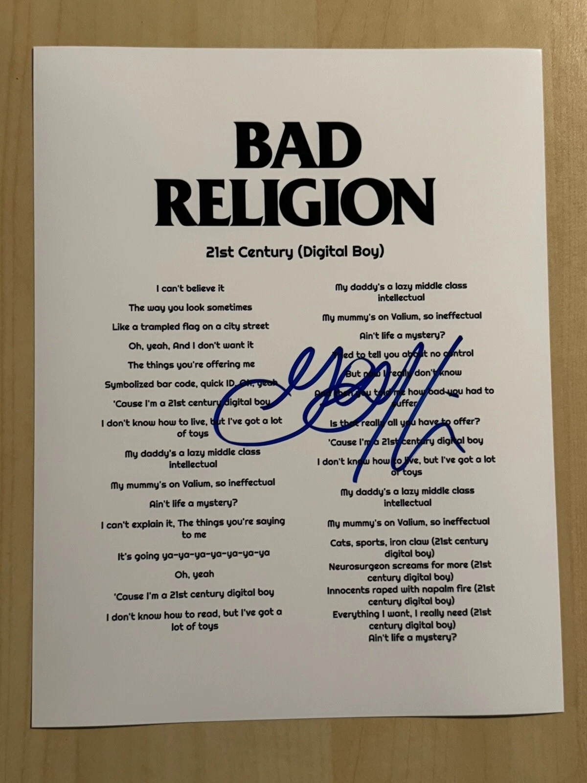 GREG GRAFFIN SIGNED LYRIC SHEET AUTOGRAPHED BAD RELIGION BAND LEAD SINGER COA