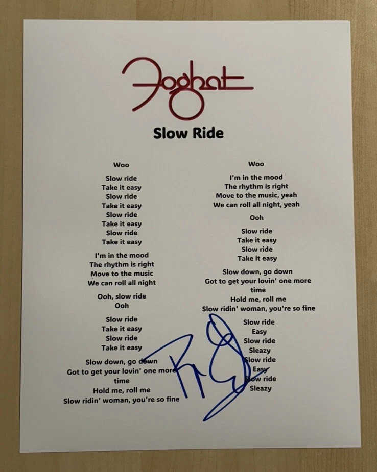 ROGER EARL FOGHAT BAND ORIGINAL DRUMMER SIGNED LYRIC SHEET AUTOGRAPHED RARE COA