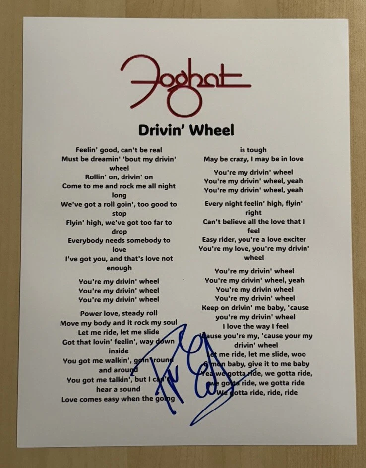 ROGER EARL FOGHAT BAND ORIGINAL DRUMMER SIGNED LYRIC SHEET AUTOGRAPHED RARE COA