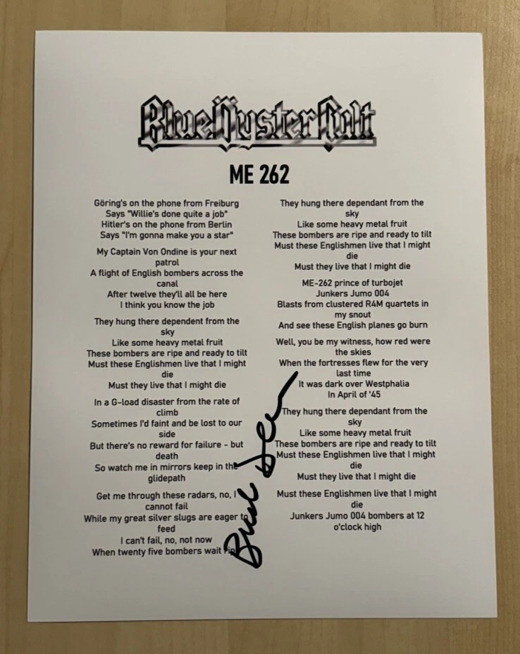 BUCK DHARMA HAND SIGNED LYRIC SHEET AUTOGRAPHED BLUE OYSTER CULT BAND SINGER COA