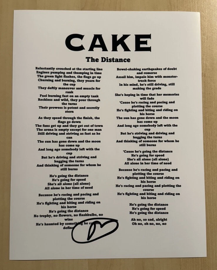 JOHN MCCREA SIGNED LYRIC SHEET AUTOGRAPHED CAKE BAND LEAD SINGER COA