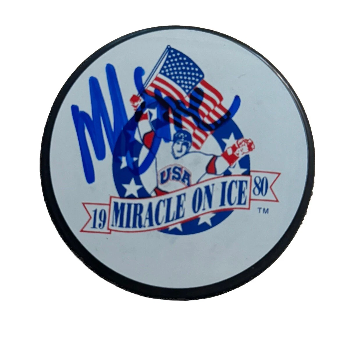 MIKE ERUZIONE SIGNED PUCK USA OLYMPICS HOCKEY AUTOGRAPHED MIRACLE ON ICE COA