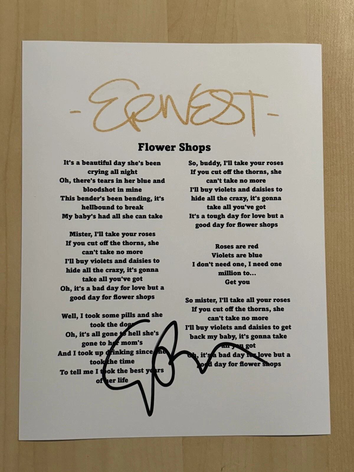 ERNEST SIGNED LYRIC SHEET AUTOGRAPHED COUNTRY SINGER STAR RARE MORGAN WALLEN COA