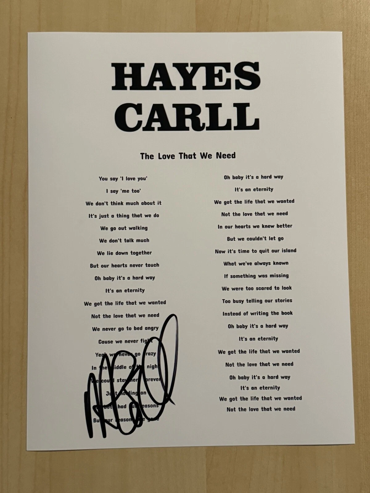 HAYES CARLL SIGNED LYRIC SHEET AUTOGRAPHED COUNTRY SINGER STAR VERY RARE COA